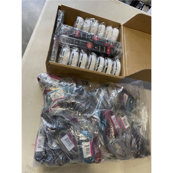 NEW BOX OF EARBUDS AND LARGE BAG OF NEW CHARGING CABELS