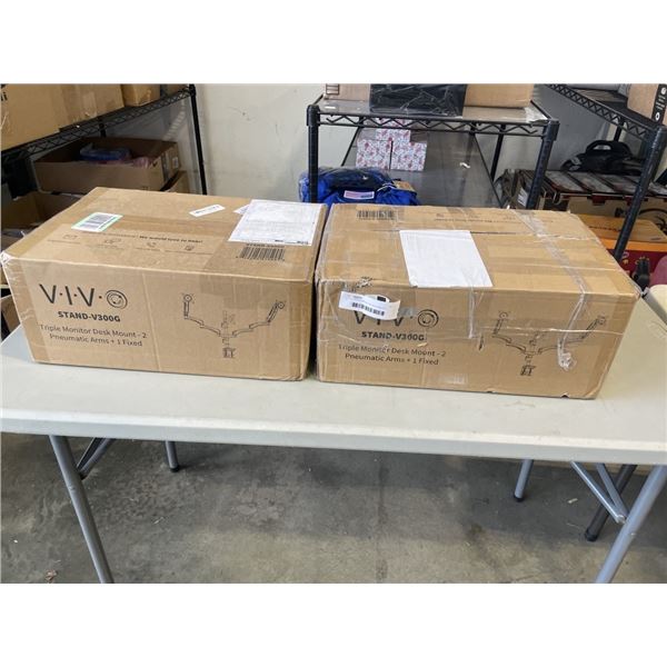 2 VIVO TRIPLE MONITOR DESK MOUNT 1 FIXEX, 2 PNEUMATIC ARMS