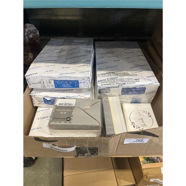 BOX OF NEW PRINTER PAPER AND GREETING CARDS