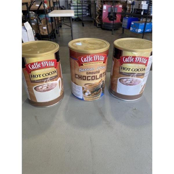 2 NEW CAFFE D'VITA HOT COCOA, 3LBS TUBS AND 1 NEW CAFFE D'VITA MEXICAN SPICED GROUND CHOCOLATE