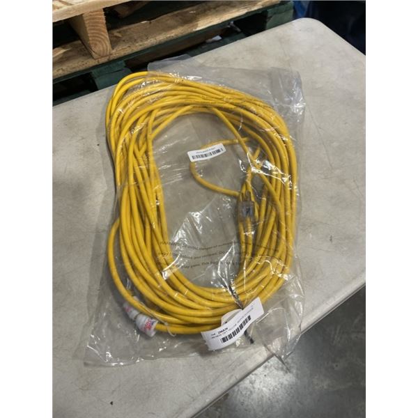 AS NEW 75FT YELLOW  INDOOR OUTDOOR HEAVY DUTY LIGHTED 3 WIRE GROUNDED EXTENSION CORD 16AWG