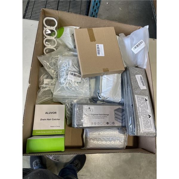 TRAY OF NEW AMAZON ITEMS - CLOSET ORGANIZERS, CURTAIN RINGS, ETC