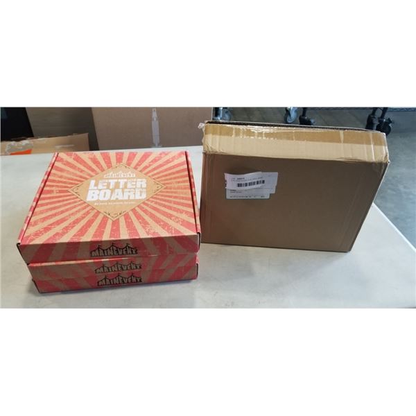 6 PC NEW GLASS DUAL WALL 250ML GLASSES AND 3 NEW LETTER BOARDS