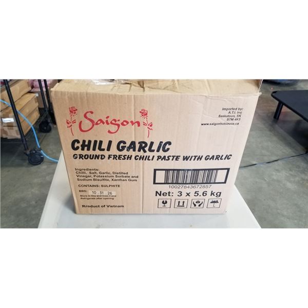 NEW CASE OF SAIGON CHILI GARLIC SAUCE, 3 5.6KG TUBS