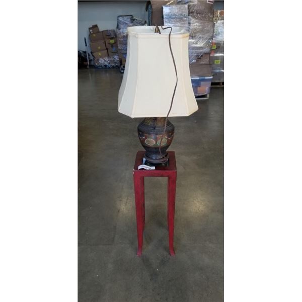 ANTIQUE INLAID METAL LAMP AND SMALL MIRROR TOP TABLE