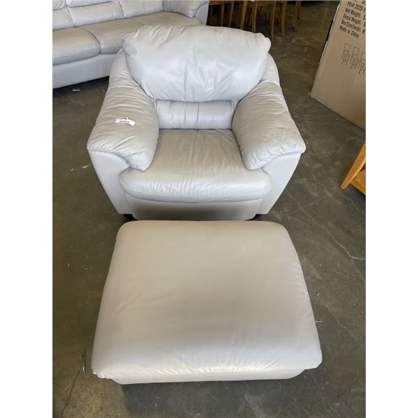 LIGHT BEIGE LEATHER CHAIR AND OTTOMAN