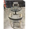 Image 1 : BRAND NEW PATIO BISTRO SET, GLASS TOP ROUND PATIO TABLE, 30 INCH DIAMETER AND 2 STACKING GREY STAINL