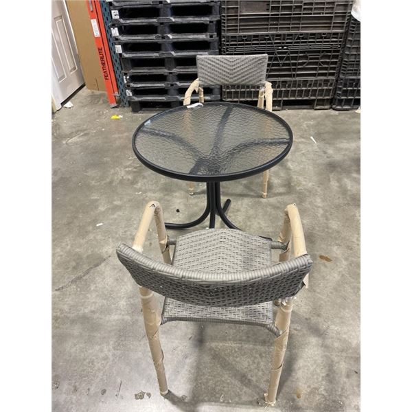 BRAND NEW PATIO BISTRO SET, GLASS TOP ROUND PATIO TABLE, 30 INCH DIAMETER AND 2 STACKING GREY STAINL