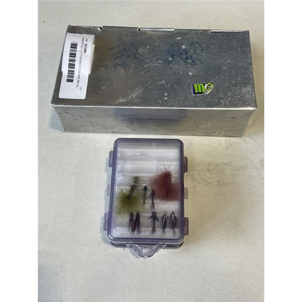 ASSORTED FLY FISHING FLYS AND METAL BOX OF FLY TYING ITEMS