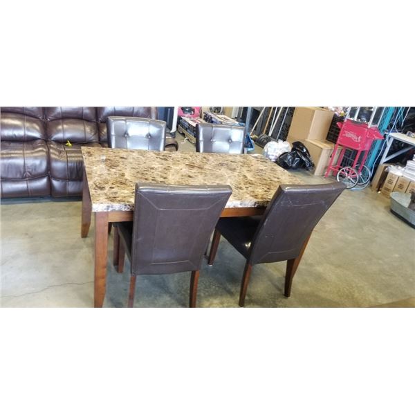 FAUX STONE TOP DINING TABLE AND 4 LEATEHR DINING CHAIRS