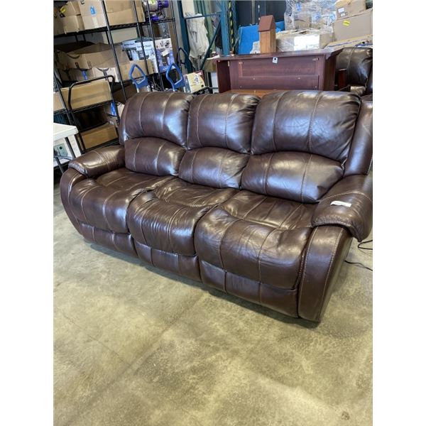 BROWN STITCHED LEATHER POWER RECLINING SOFA, WORKING IN GOOD CONDITION