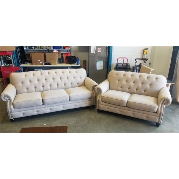ASHLEY FURNITURE TUFTED NAIL HEAD ROLLED ARM SOFA AND LOVESEAT
