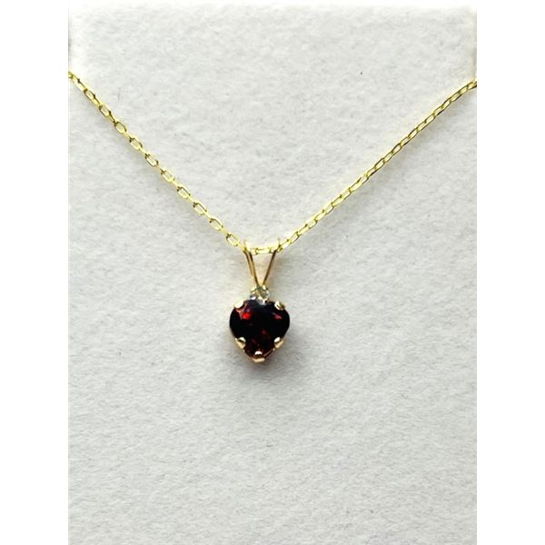 10KT YELLOW GOLD NATURAL GARNET HEART SHAPE PENDANT WITH GOLD PLATED STERLING SILVER CHAIN, RETAIL $
