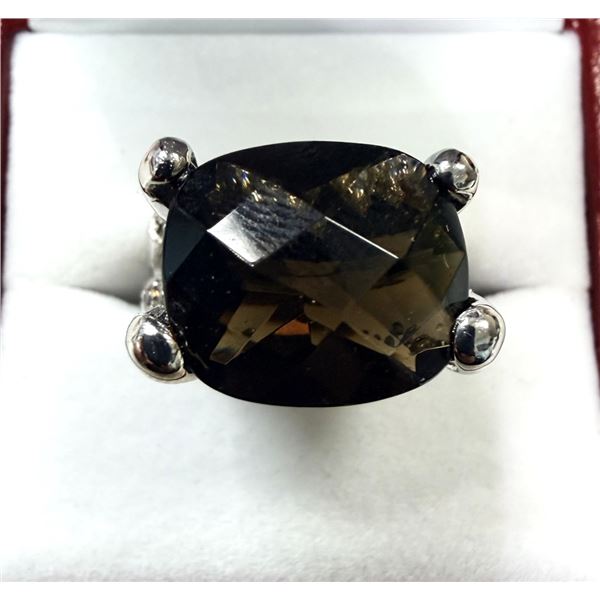 STERLING SILVER NATURAL SMOKEY QUARTZ RING, SIZE 5.5, RETAIL $300.00.