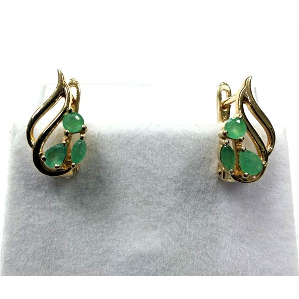 GOLD PLATED STERLING SILVER NATURAL EMERALD (1.87CT) EARRINGS, W/A $750.00. EMERALD IS THE BIRTHSTON