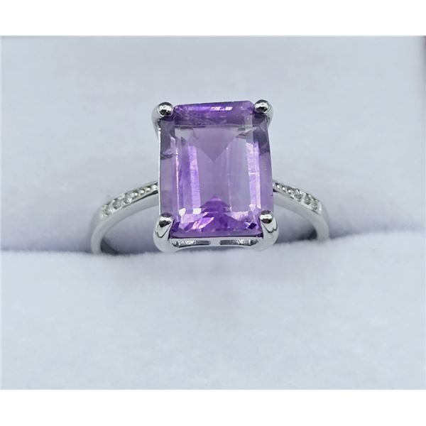 STERLING SILVER NATURAL AMETHYST WITH CZ RING, SIZE 6, W/A $700.00. AMETHYST IS THE BIRTHSTONE FOR F