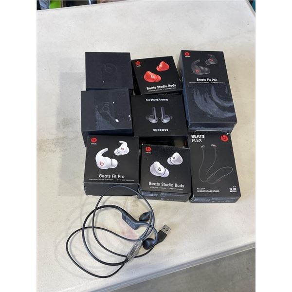 BOX OF BEATS, EARBUDS AND ELECTRONICS. DEFECTIVE STORE RETURNS