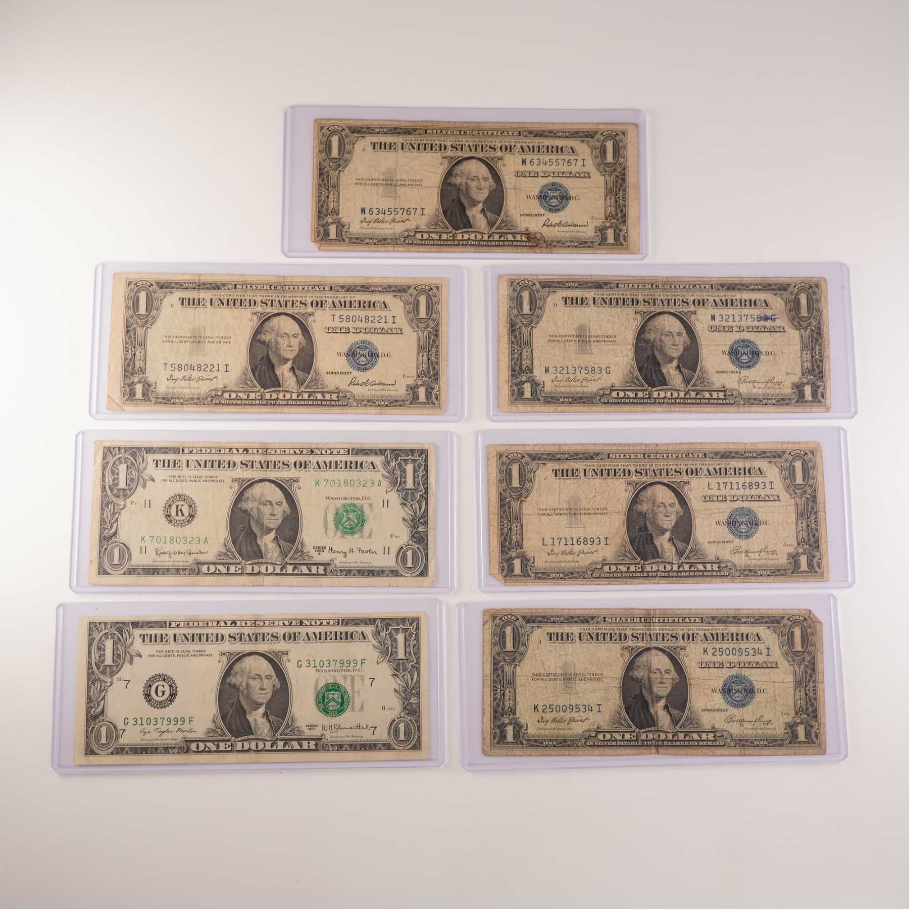 7pc 1935, 1963, 1977 U.S. One Dollar Silver Cert. & Federal Reserve Notes