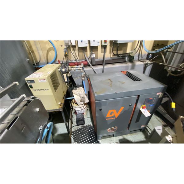 DV SYSTEMS ROTARY SCREW COMPRESSOR MODEL C15. 57 CFM AT 145 PSI. INC DRYSTREAM COMPRESSED AIR DRYER.