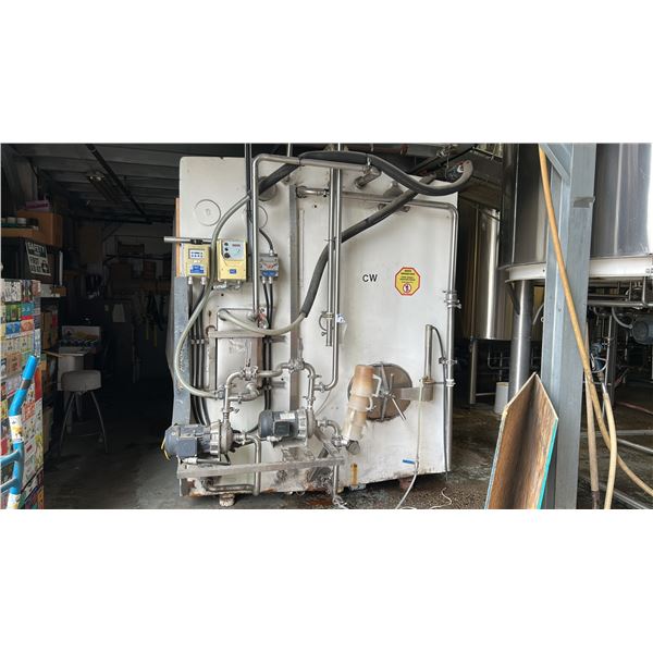 CW COLD WATER TANK AND HEAT EXCHANGER. BUYER TO REMOVE. APPROX 16' X 6'6" X 8'H. HAS 2 PUMPS.