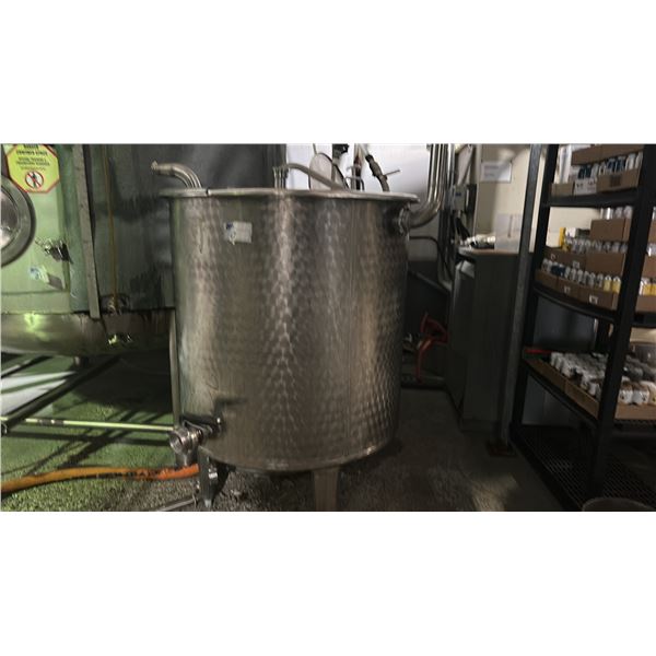 CIP SANITIZER-WATER. TANK IS 3' DIAMETER, 3'H PLUS LEGS. HINGED TOP
