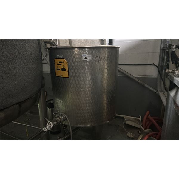 CIP SANITIZER-CAUSTIC. TANK IS 3' DIAMETER, 3'H PLUS LEGS. HINGED TOP
