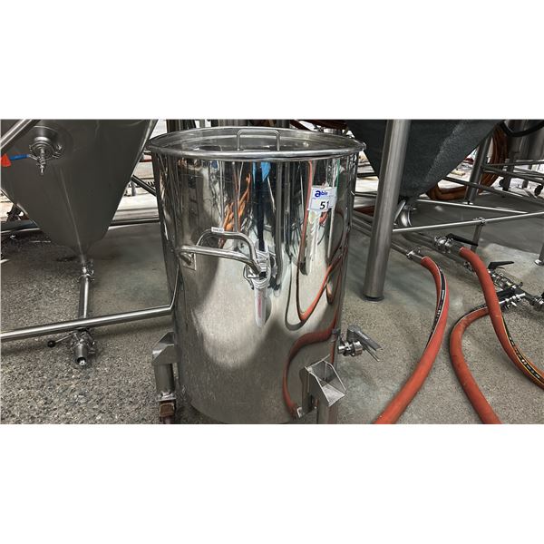 STAINLESS TRANSFER TANK ON WHEELS. APPROX 24"D X 30"H TANK + WHEELS. 40" TALL OVERALL.