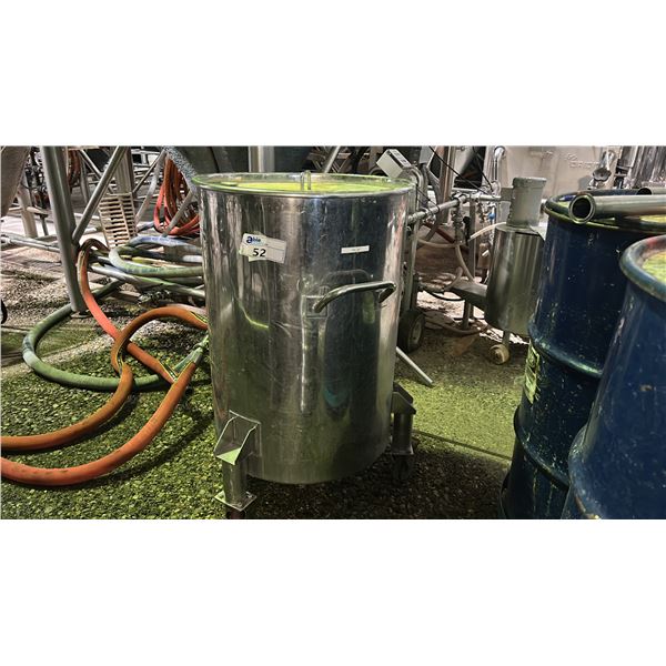 STAINLESS TRANSFER TANK ON WHEELS. APPROX 24"D X 30"H TANK + WHEELS. 40" TALL OVERALL.