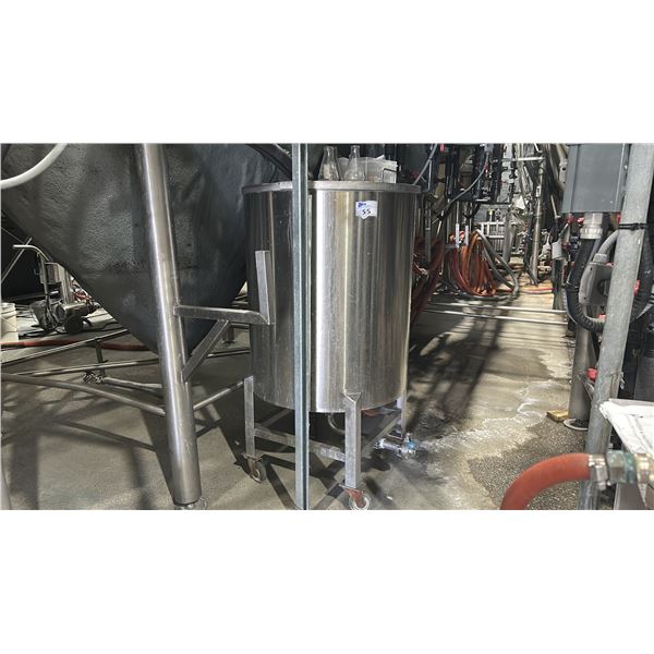 400 LITER TRANSFER TANK ON WHEELS. APPROX 57" HIGH OVERALL