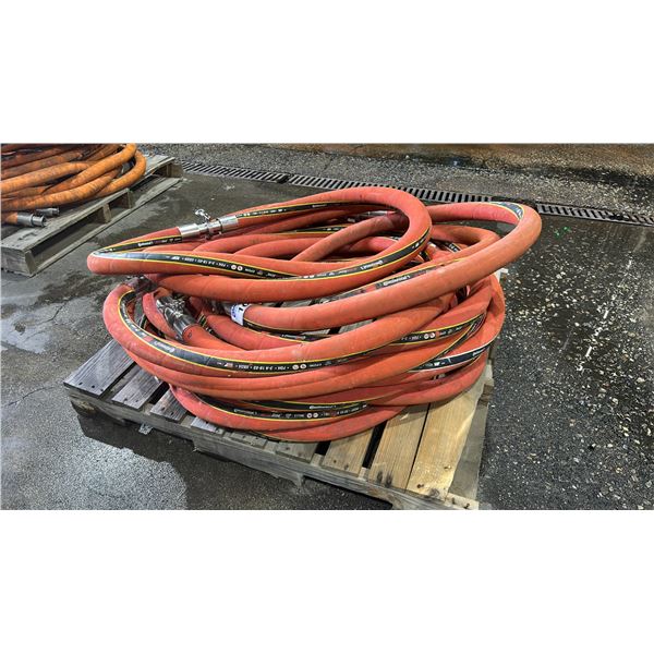 GROUP LOT OF CONTINENTAL DRINK LINE 1 1/4" FLUID TRANSFER HOSES. 9 PIECES. 5 X 16', 4 X 10'. RED.
