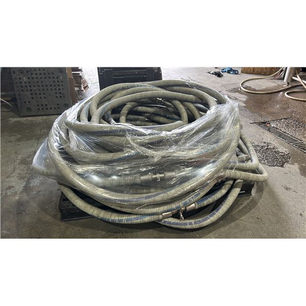 GROUP LOT OF GREY 1 1/4" FLUID TRANSFER HOSES. 18 PIECES. 3 X 50', 2 X 25', 6 X 15', 4 X 10',