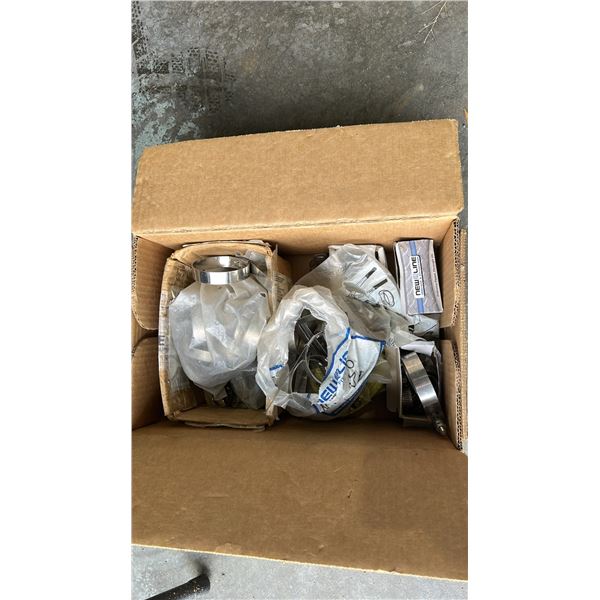 SHELF LOT OF ASST HARDWARE. 4 BOXES. HOSE CLAMPS, KEG PARTS, KEG TAPS, BUTTERFLY VALVE GASKETS,