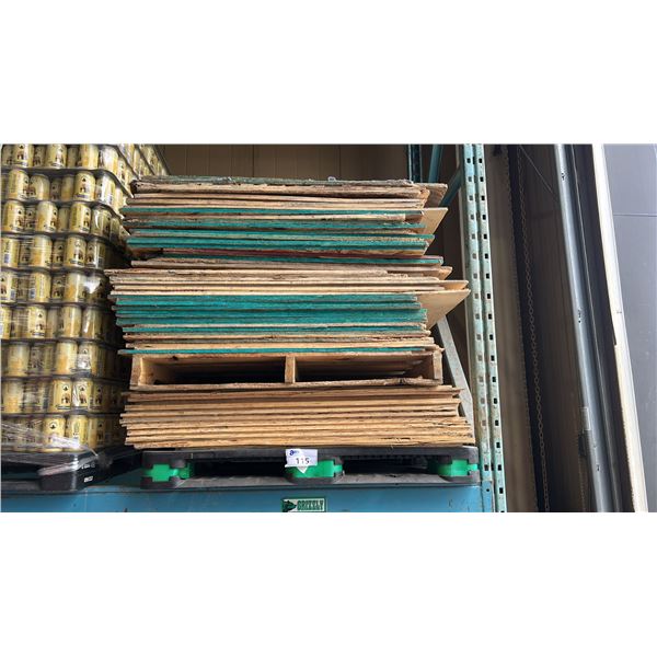 PALLET OF ASST WOOD. 4 X 4' AND 4' X 40". PLYWOOD AND OSB. APPROX 60 PIECES
