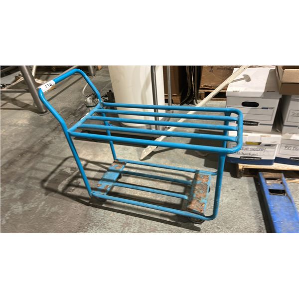 BLUE METAL WHEELED CART AND 36" BLUE METAL ROLLING LADDER