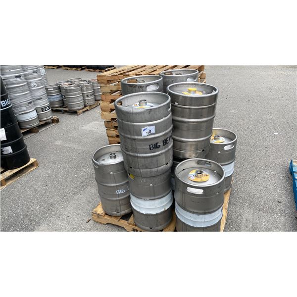 PALLET WITH 12 ASSORTED STAINLESS STEEL KEGS