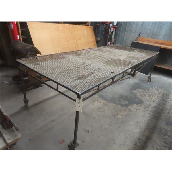 2 Rolling Steel-Framed Tables with Expanded Metal Tops, 33"H × 120" × 48"