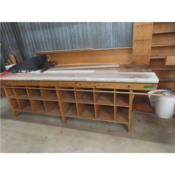 Wood-Frame Prep Table with Fiberglass Top and 16 Pigeon Holes, 36"H × 120" × 48"D