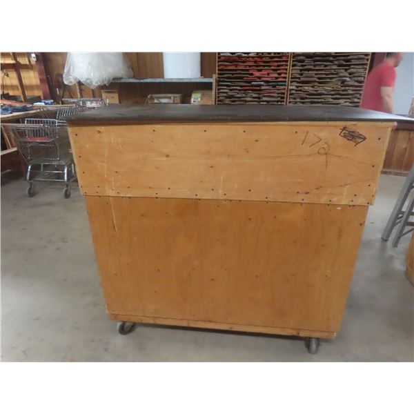 Rolling Wood Cabinet with Rubber Top, 47"H × 53"W × 25"D