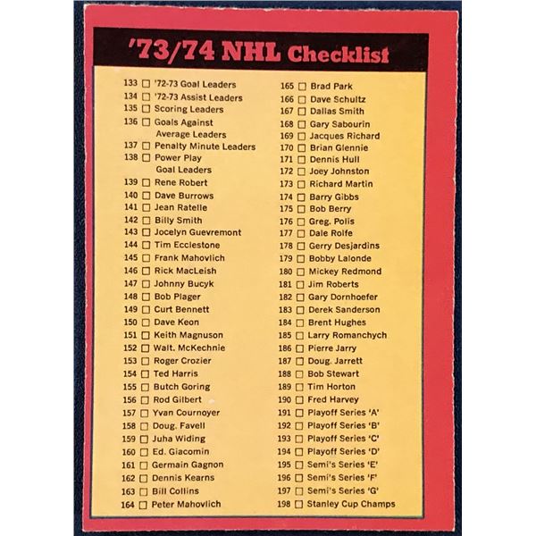 1973-74 TOPPS NHL CHECKLIST