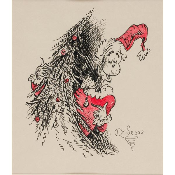 A "The Grinch Decorates the Tree" Original Illustration by Dr. Seuss.