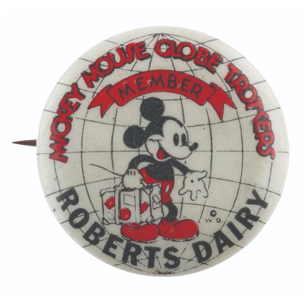 A Roberts Dairy Mickey Mouse Globe Trotters Button.