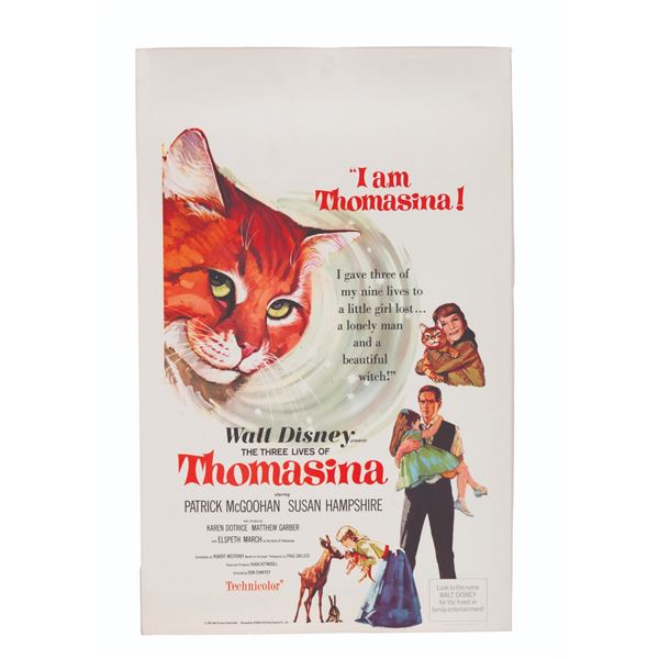 A  "The Three Lives of Thomasina " Window Card.
