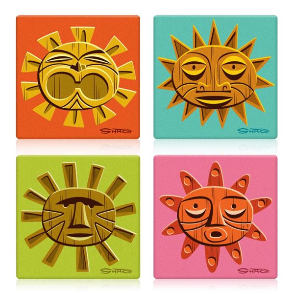 A SHAG  "Tiki Sun " Earthenware Coaster Set.