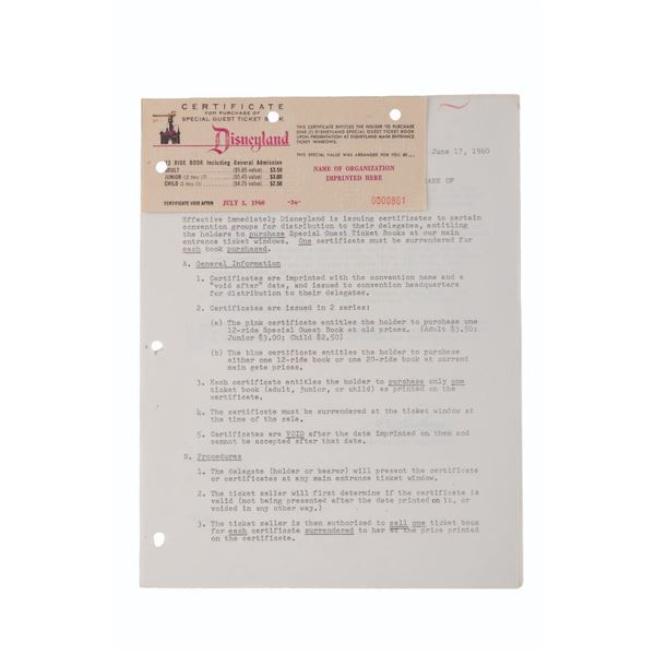 A Pair of 1960 Disneyland Sample Certificates and Letter.
