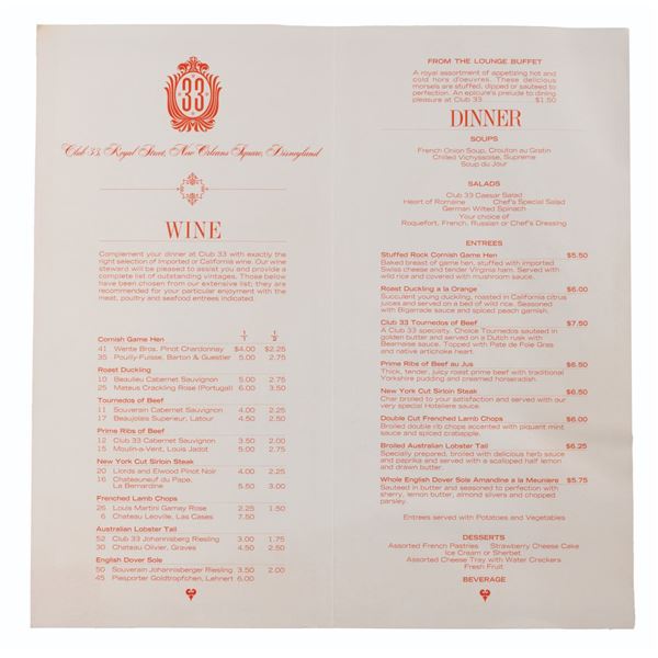 An Early Club 33 Menu.