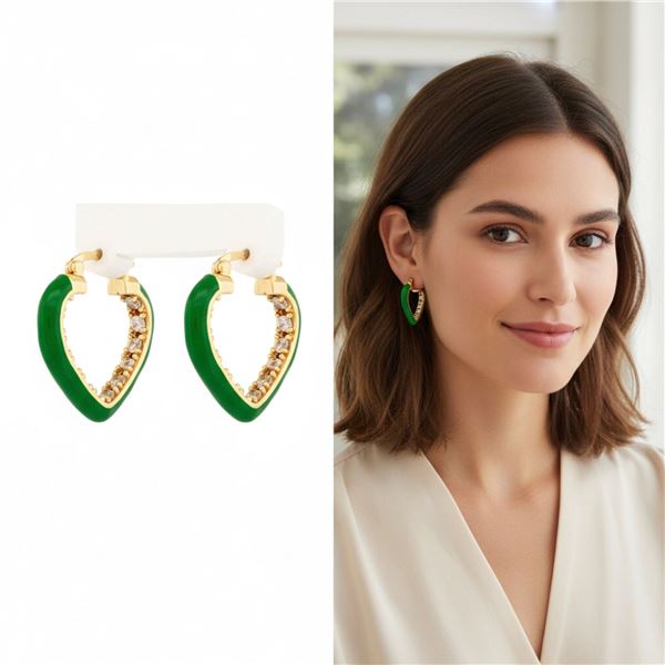 18kt  Oro Laminado Heart Earrings, Green Enamel Ou