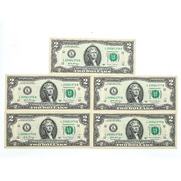 Federal Reserve Note Lot of 5 x $2.00 -2017 Green