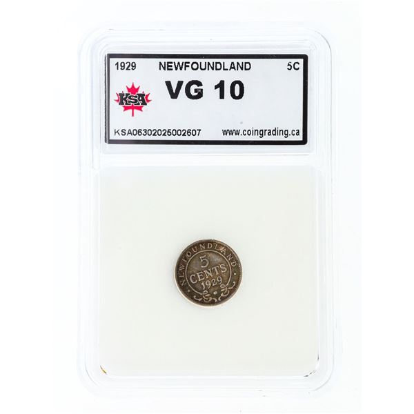 NFLD. 1929 Silver Ten Cents VG10 KSA Slab