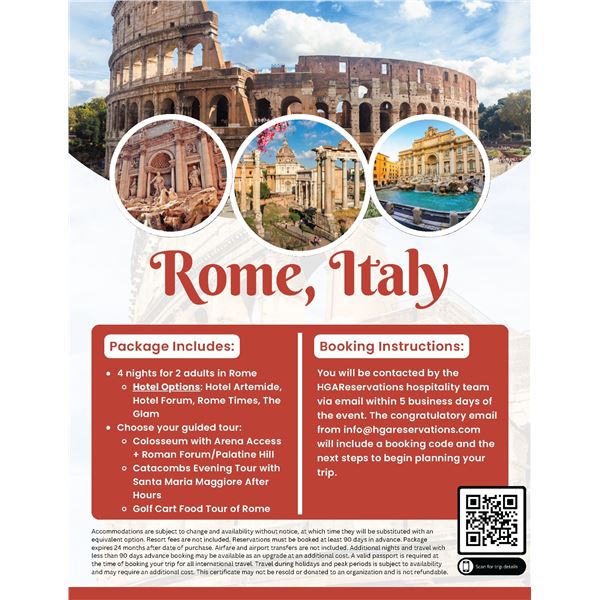 Four(4) nights for two (2) adults in Rome, Italy