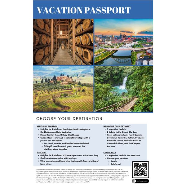 Vacation Passport: The winner chooses the destination! Kentucky, Tuscany, Nashville, Costa Rica